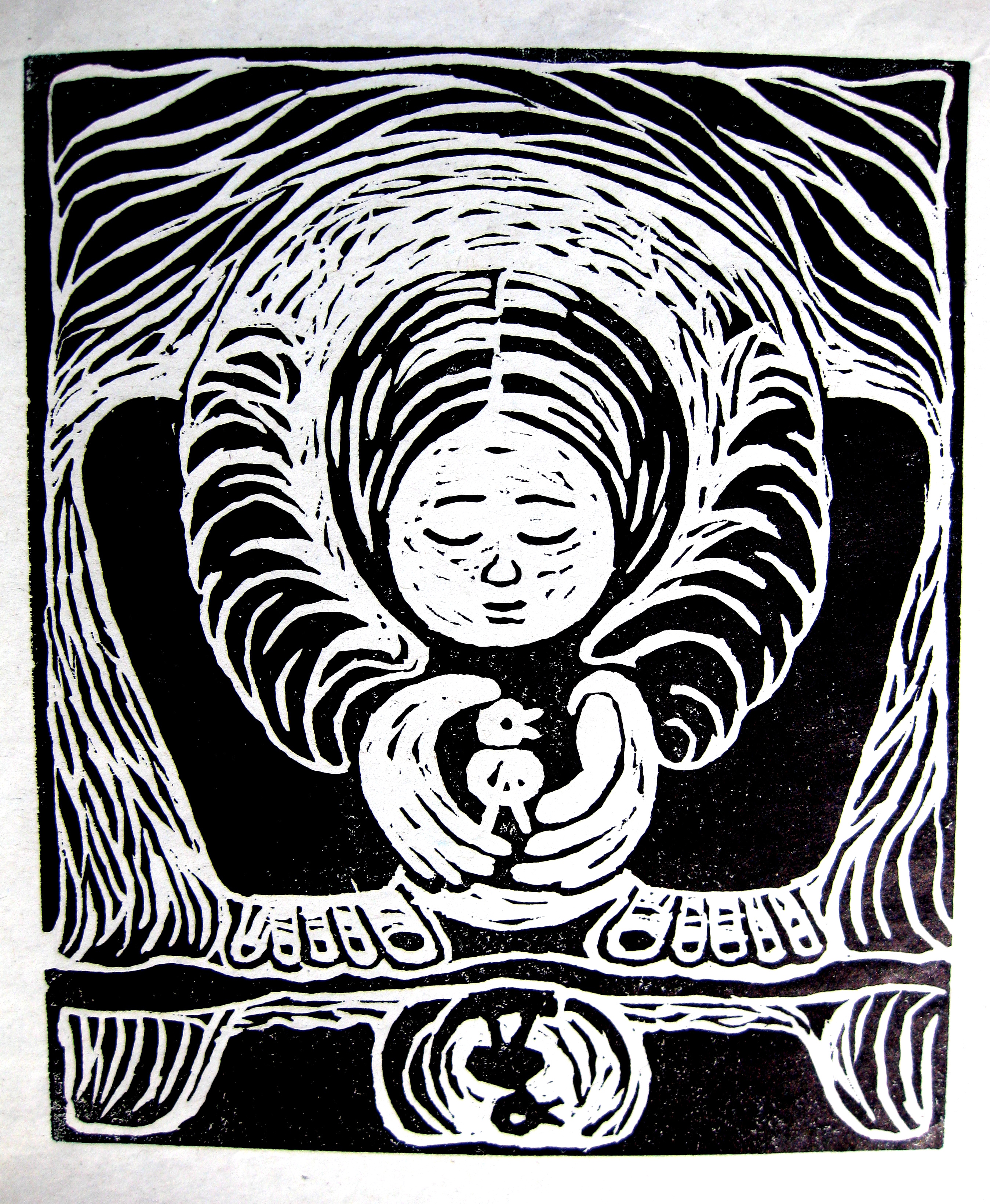 Child with duckling (linocut print)